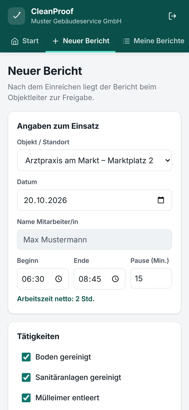 Bericht erfassen in CleanProof